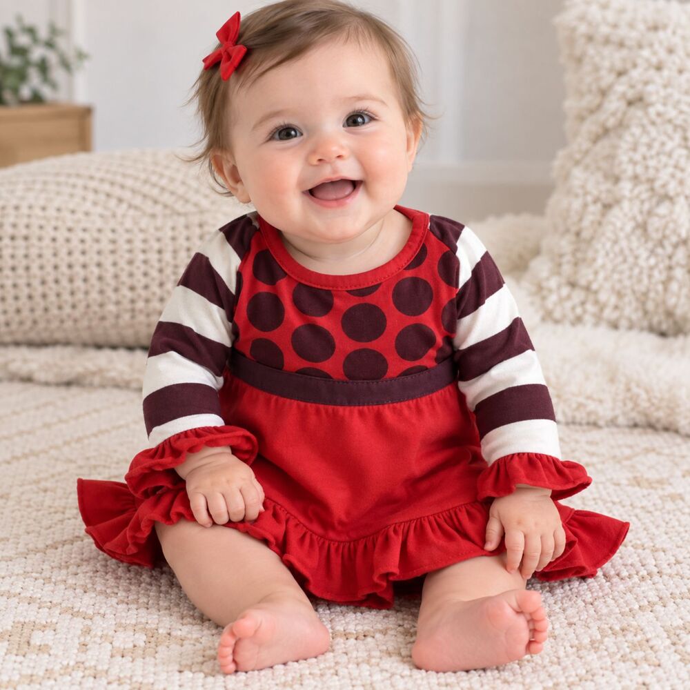 Persnickety Red Polka Dot Top Stripes Girls Baby 3-6mos Infant Girly Ruffles